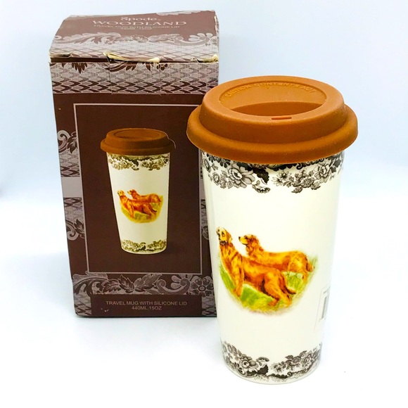 Spode Dining Nwt Spode Woodland Golden Retriever Ceramic Travel Mug With Silicone Lid And